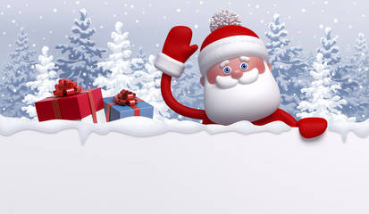 Christmas character, 3d Santa Claus waving hand. Winter landscape background, snowy forest. Festive mockup, blank banner, greeting card template, digital illustration.
