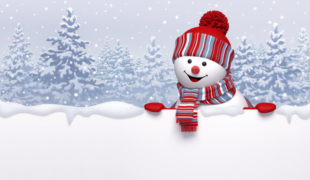 Christmas background with 3d cute happy snowman wearing knitted cap and scarf, holding blank banner. Cartoon character, funny childish toy. Winter landscape with snowy forest.
