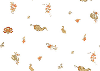 Fantasy floral seamless pattern in jacobean embroidery style, vintage, old, retro style. Vector illustration in soft orange and green colors Isolated on white background.