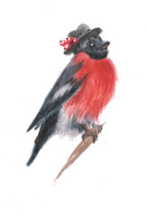 Fototapeta premium watercolor character bullfinch in a hat on a white background