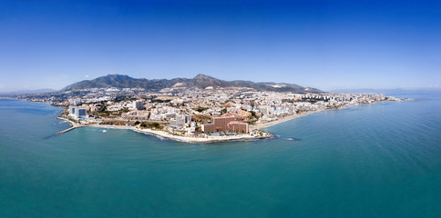 Aerial Panoramic Landscape View of Benalmadena City , Malaga , South of Spain. Popular touristic holiday attraction in Costa del Sol - obrazy, fototapety, plakaty