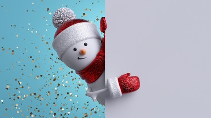 Christmas greeting card mockup. 3d snowman holding blank banner, looking at camera. Winter holiday background with gold confetti. Happy New Year. Funny festive character.