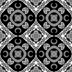 Greek vector Paisley seamless pattern. Ornamental patterned love hearts background. Vintage abstract paisley flowers, curves, geometric shapes. Greek key meanders black and white floral lace ornament