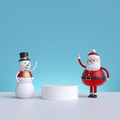3d Santa Claus and snowman, standing near blank podium, isolated on blue background. Cheerful Christmas characters, funny toys.