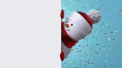 Christmas greeting card mockup with copy space. 3d snowman looking out the corner, holding blank banner. Winter holiday background with gold confetti. Happy New Year template. Funny festive character.