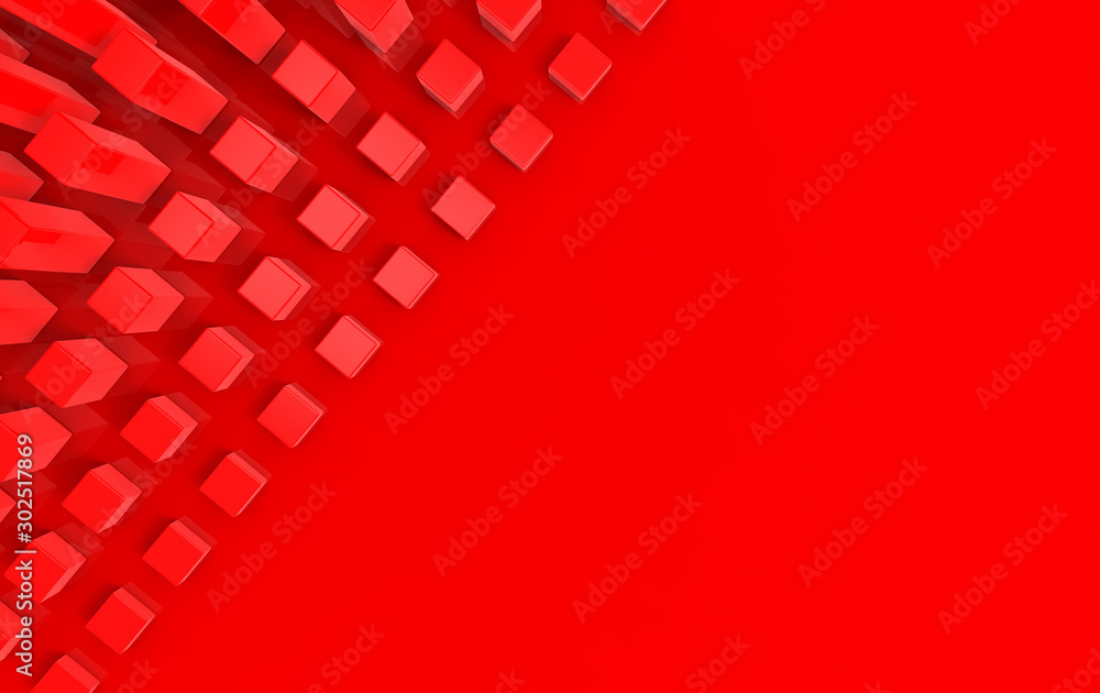 Poster 3d rendering. Red cube group on copy space wall design background.