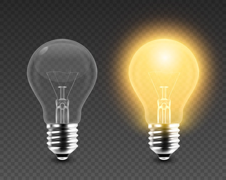 Vector 3d Realistic Turning On and Off Light Bulb Icon Set Closeup Isolated on Transparent Background. Glowing Incandescent Filament Lamps. Creativity Idea, Business Innovation Concept. Front View