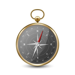 Vector 3d Realistic Metal Golden Antique Old Vintage Compass with Windrose Icon Closeup Isolated on White Background. Black Dial. Design Template. Travel, Navigation Concept. Front View