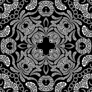 Paisley vector seamless pattern. Ornamental patterned ethnic style greek background. Vintage paisley flowers, geometric shapes, chains. Greek key meanders tribal black and white floral lace ornaments