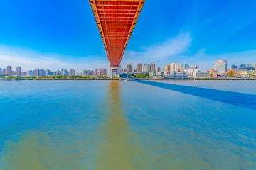 Fototapete Nanpu-Brücke Blick auf die Stadt in der Nähe der Nanpu-Brücke in Pudong New Area, Shanghai, China