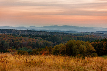 view on Beskids mountains in sunset time
