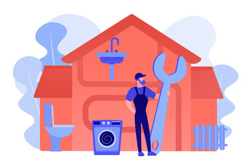 Repairman service. Handyman with wrench, mechanic. Plumber services, full service sewer and drain repair, cheap and reliable plumbers concept. Pinkish coral bluevector isolated illustration