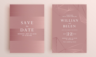 Beautiful set of wedding card templates. Gold collection of geometrical polyhedron, art deco style for wedding invitation, luxury templates, decorative patterns.