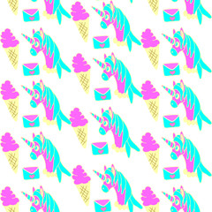 Unicorn and magic seamless pattern on a white background for the design of children's clothing, notebooks and wrapping paper.