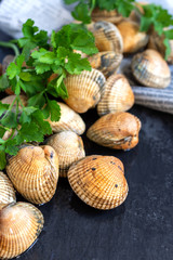 Top view of raw cockles with parsley, on dark slate background and newspaper sheet, in vertical