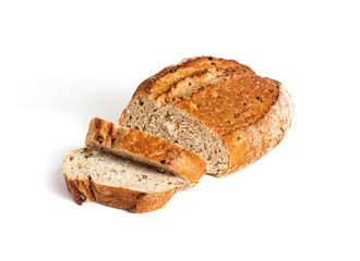Loaf of whole wheat bread with slices isolated on white background