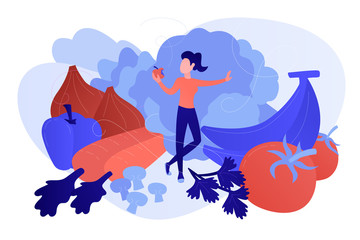 A white woman among fruits, vegetables and mushrooms as a concept of raw veganism, raw foodism, fruitarianism, juicearianism and sproutarianism, pinkish coral blue palette. Vector illustration on