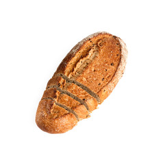 Loaf of whole wheat bread with slices isolated on white background