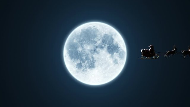 Santa Claus on a Reindeer Sleigh Flying on the Background of the Moon, Beautiful 3d Animation, Chroma Key Version Included. 4k