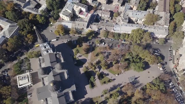 Tilt shots from drone above Spaso-Preobrazhensky Cathedral in Odesa city.