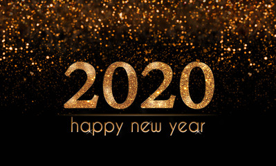 2020 New Year's eve illustration, card with glitter particles falling and golden Happy New Year text on black background