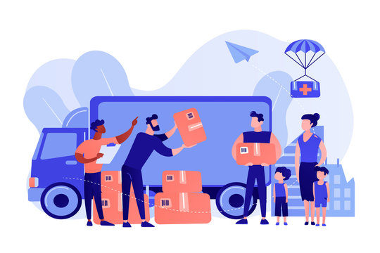 Team of volunteers giving help boxes to refuges and humanitarian aid van. Humanitarian aid, material assistance, governmental help concept. Pinkish coral bluevector isolated illustration