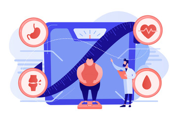 Tiny people, overweight man on scales and doctor showing obesity deseases. Obesity health problem, obesity main causes, overweight treatment concept. Pinkish coral bluevector isolated illustration