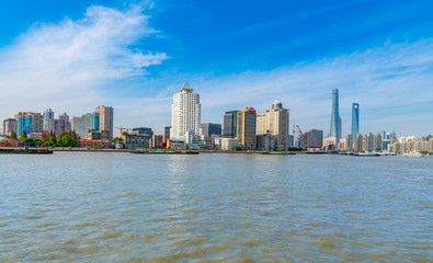 Fototapeta premium Cityscape of Tongqiao Ferry Crossing in Pudong New Area, Shanghai, China