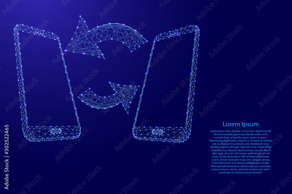 Poster two smartphones and the concept of data exchange interactive communication from futuristic polygonal