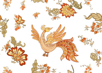 Fantasy floral seamless pattern in jacobean embroidery style, vintage, old, retro style. Vector illustration in soft orange and green colors Isolated on white background.