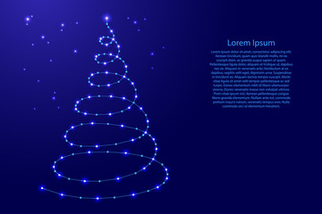 Christmas tree in the form of an abstract spiral from futuristic polygonal blue lines and glowing stars for banner, poster, greeting card. Vector illustration.