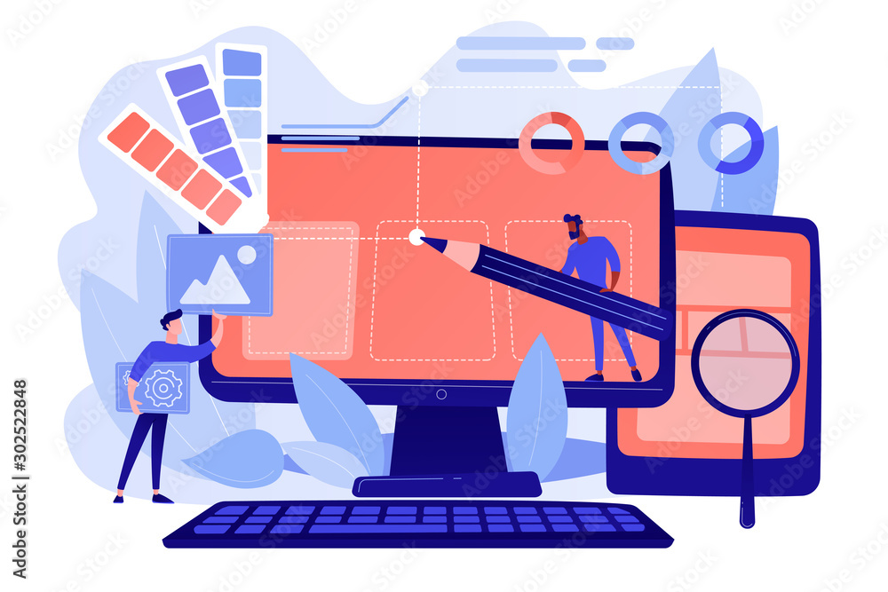 Poster designers are working on the desing of web page. web design, user interface ui and user experience u
