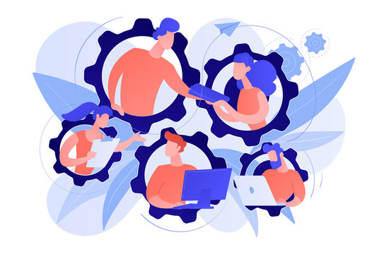 IT team members working as one mechanizm. Dedicated team - software development professionals engaged to the IT project. Business model in IT concept. Pinkish coral blue palette. Vector illustration