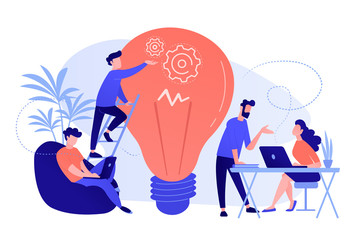 People working in friendly open space workplace. Coworking, freelance, teamwork, communication, interaction, idea, independent activity concept, pinkish coral blue palette. Vector illustration on