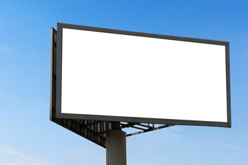 Template of a large blank advertising billboard on a clear blue sky background.