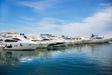 Fototapeta na wymiar Luxury yachts in Puerto Banus, the marina of Marbella. Famous and Luxury location in Costa del Sol , Spain