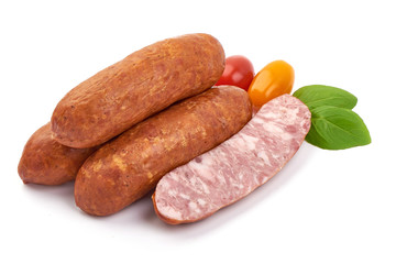 German dried sausages. Hard cured sausage, isolated on white background