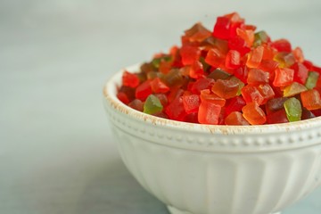 Tutti Frutti / Multi colored candied fruits for Xmas baking, selective focus
