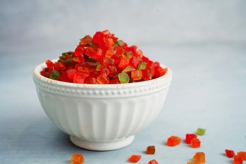 Tutti Frutti / Multi colored candied fruits for Xmas baking, selective focus