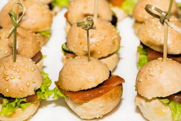 Miniature canapes with meat, vegetables and fish on steel banquet racks.