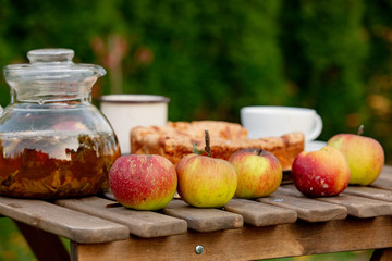 Apple pie and tea on tray on table in a garden