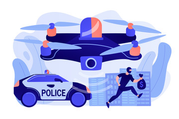 Police car and drone tracking thieve in mask with money and crime scene. Law enforcement drones, police drone use, smart city IoT tools concept. Pinkish coral bluevector isolated illustration