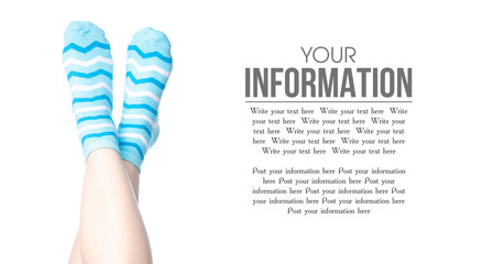 Female legs with blue socks fashion on background isolation, space for text