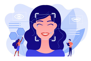 Tiny people scientists identify womans emotions from voice and face. Emotion detection, emotional state recognizing, emo sensor technology concept. Pinkish coral bluevector isolated illustration