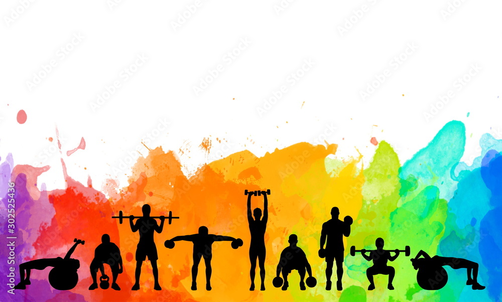 Wall mural detailed illustration silhouettes strong rolling people set girl and man sport fitness gym body-buil