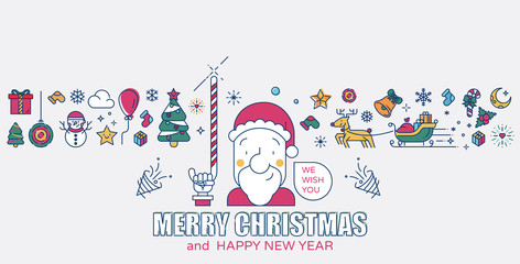 Santa claus and the christmas icons colored line vector illustration.