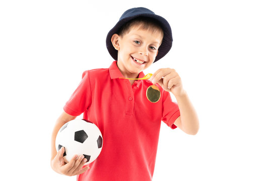 Caucasian teenager boy winner of soccer competition, picture isolated on white background
