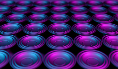 many speakers on a black background in neon light