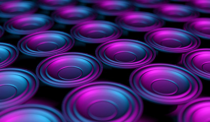many speakers on a black background in neon light