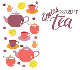 Tea – calligraphy, lettering. Hand drawn teapot and cup collection, sugar bowl, macarons, lemon isolated on background. Vector illustration of tea with icons for tea shop, tea house, cafe and menu